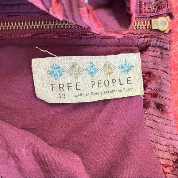 Free‎ People Burgundy Metallic Velvet Burnout Flared Baby Doll Dress - Picture 3 of 7